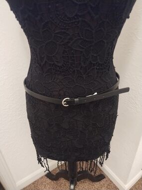 Women's Black Slim Leather Belt with Silver Round Buckle